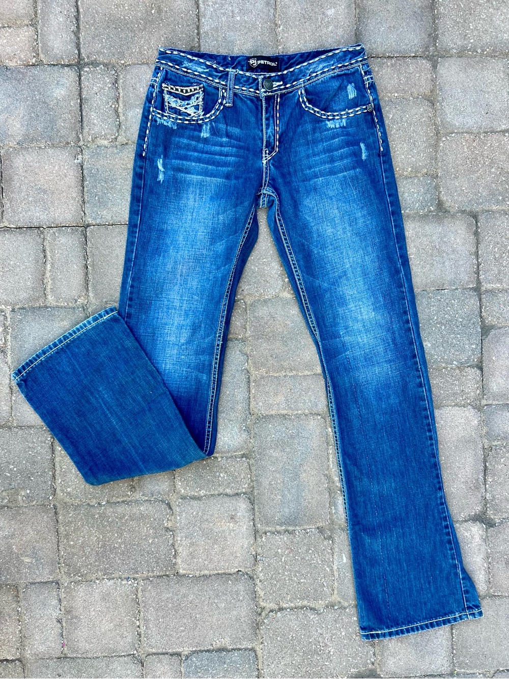 Women’s Petrol mid rise Distressed embroidered Bootcut Jeans  29x35